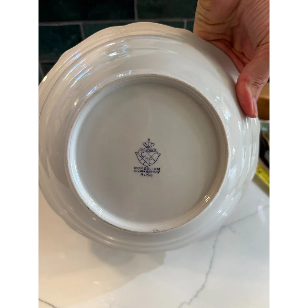 Chalfonte Bavaria Germany Rose Silver Rim Serving Bowl 9.5
